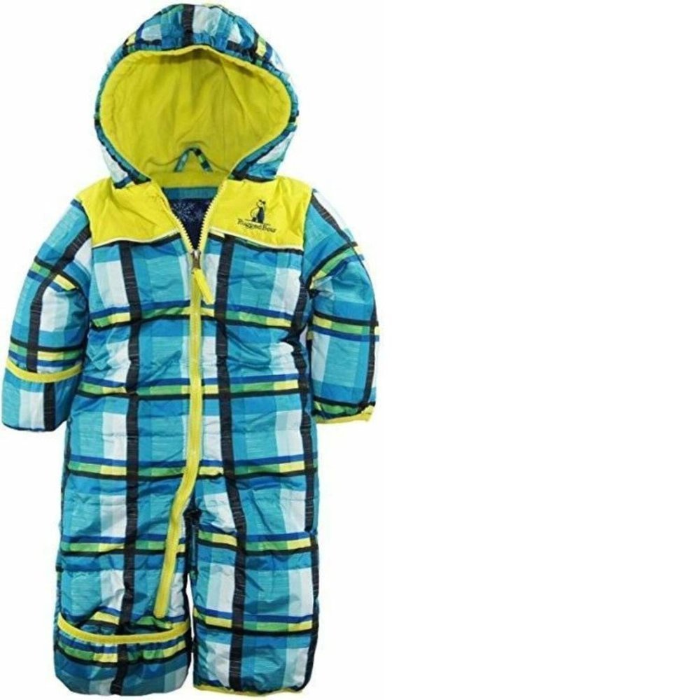 Boys Winter Snowsuit 3/6 months Blue Plaid 1 Pc Hooded Snow Zip Pram Rugged Bear
